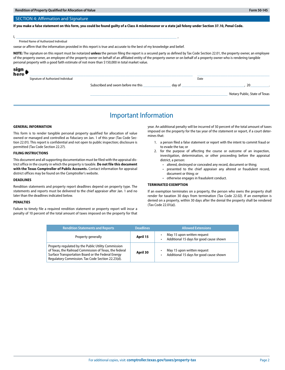 Form 50-145 Rendition of Property Qualified for Allocation of Value - Texas, Page 2