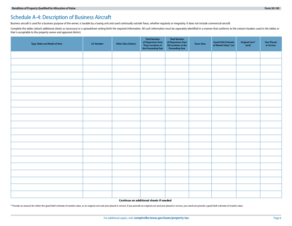 Form 50-145 Rendition of Property Qualified for Allocation of Value - Texas, Page 6