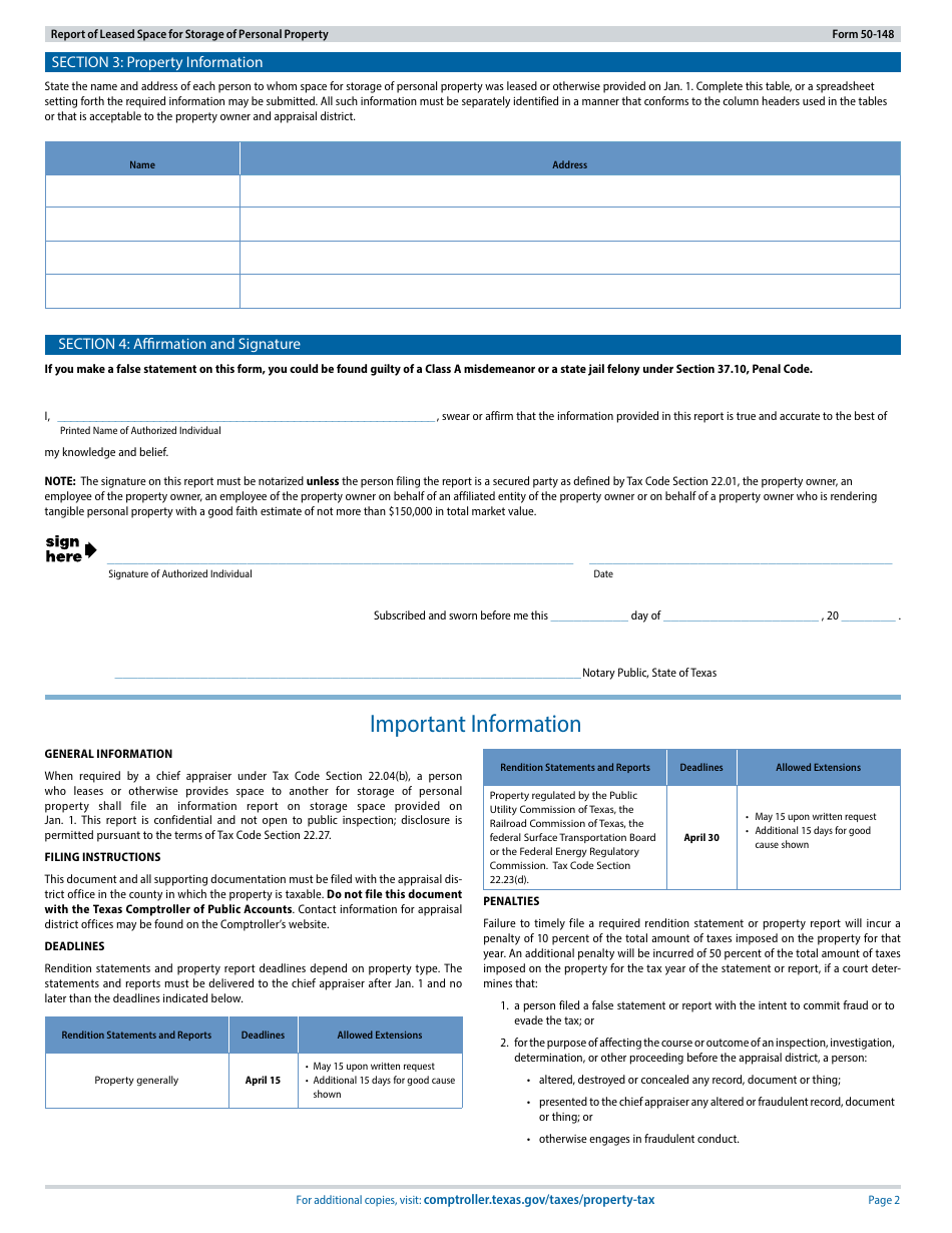 Form 50-148 Report of Leased Space for Storage of Personal Property - Texas, Page 2