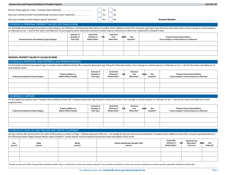 Form 50-144 Business Personal Property Rendition of Taxable Property - Texas, Page 3