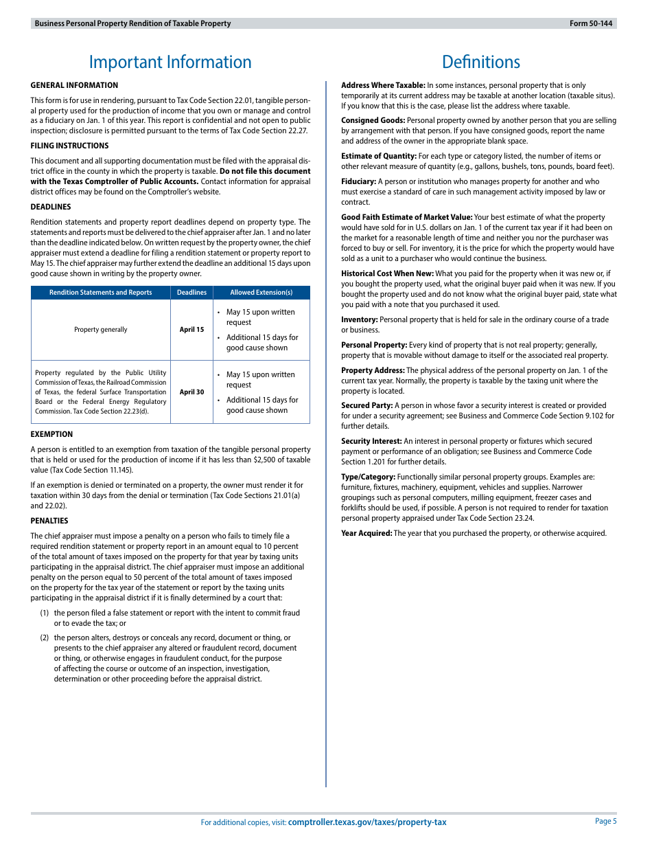 Form 50-144 Business Personal Property Rendition of Taxable Property - Texas, Page 5