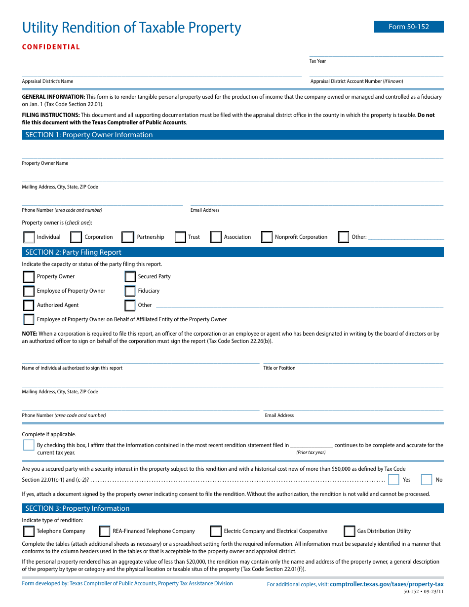 Form 50-152 Utility Rendition of Taxable Property - Texas, Page 1
