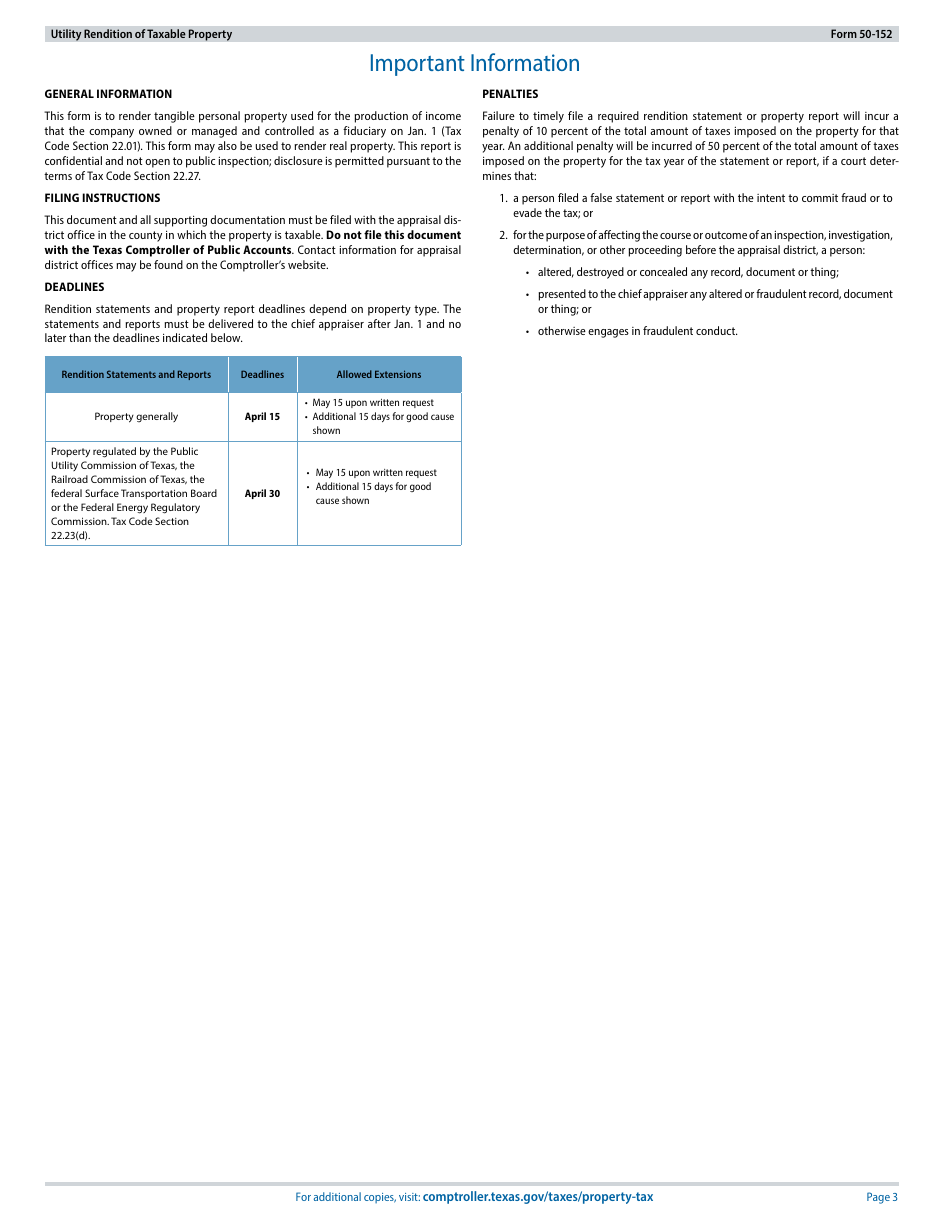 Form 50-152 Utility Rendition of Taxable Property - Texas, Page 3