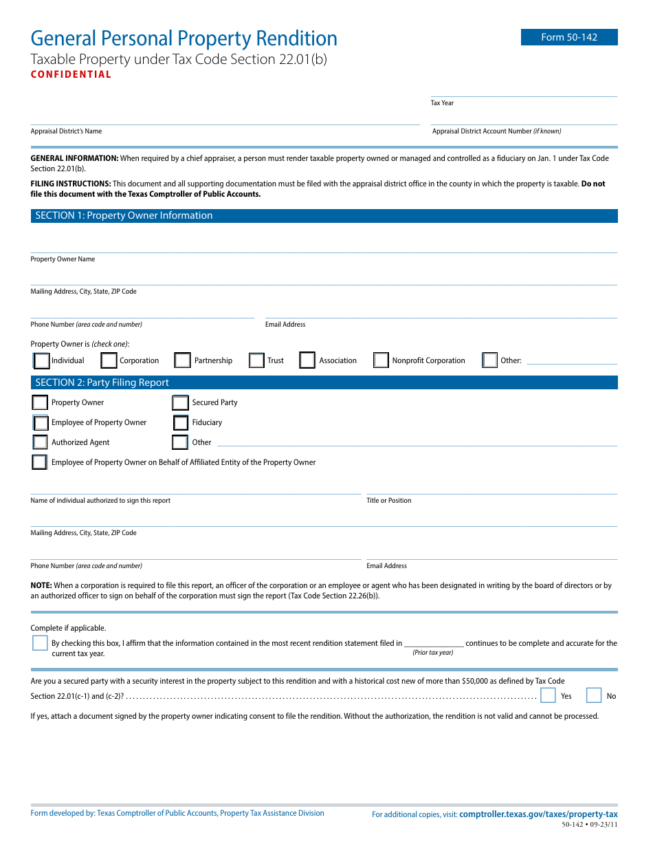 Form 50-142 General Personal Property Rendition - Texas, Page 1