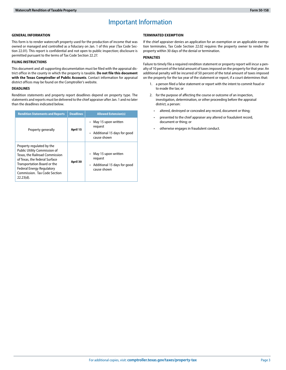 Form 50-158 Watercraft Rendition of Taxable Property - Texas, Page 3
