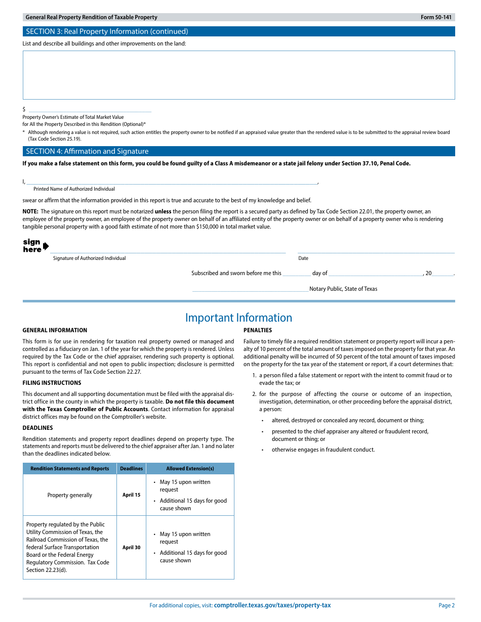 Form 50-141 General Real Property Rendition of Taxable Property - Texas, Page 2