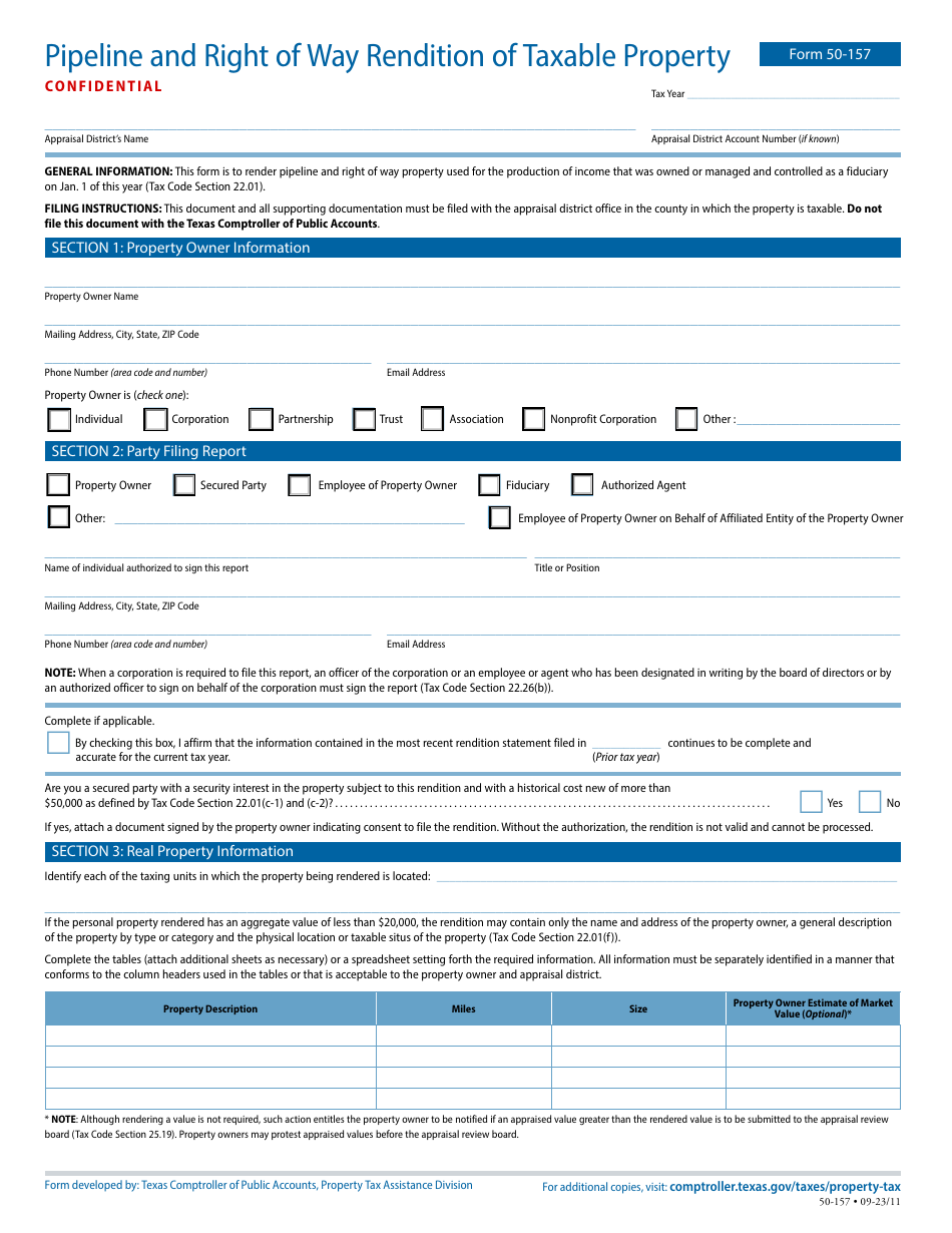 Form 50-157 Pipeline and Right of Way Rendition of Taxable Property - Texas, Page 1