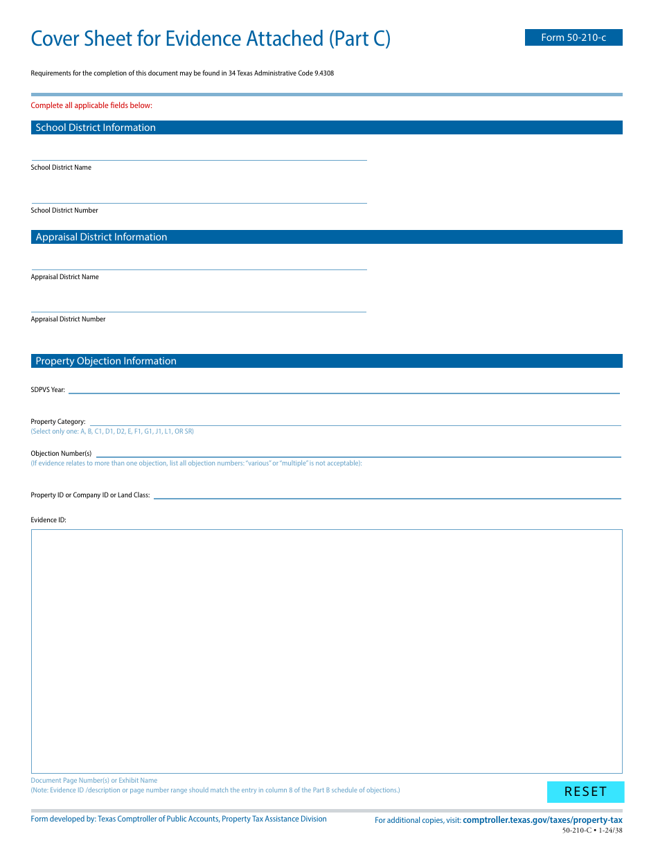 Form 50-210-C Part C Cover Sheet for Evidence Attached - Texas, Page 1