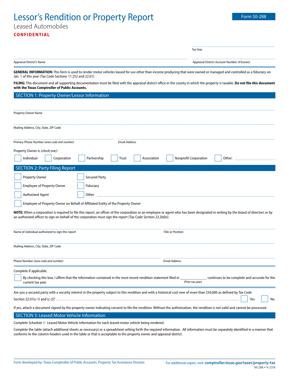 Form 50-288 Lessors Rendition or Property Report - Texas, Page 1