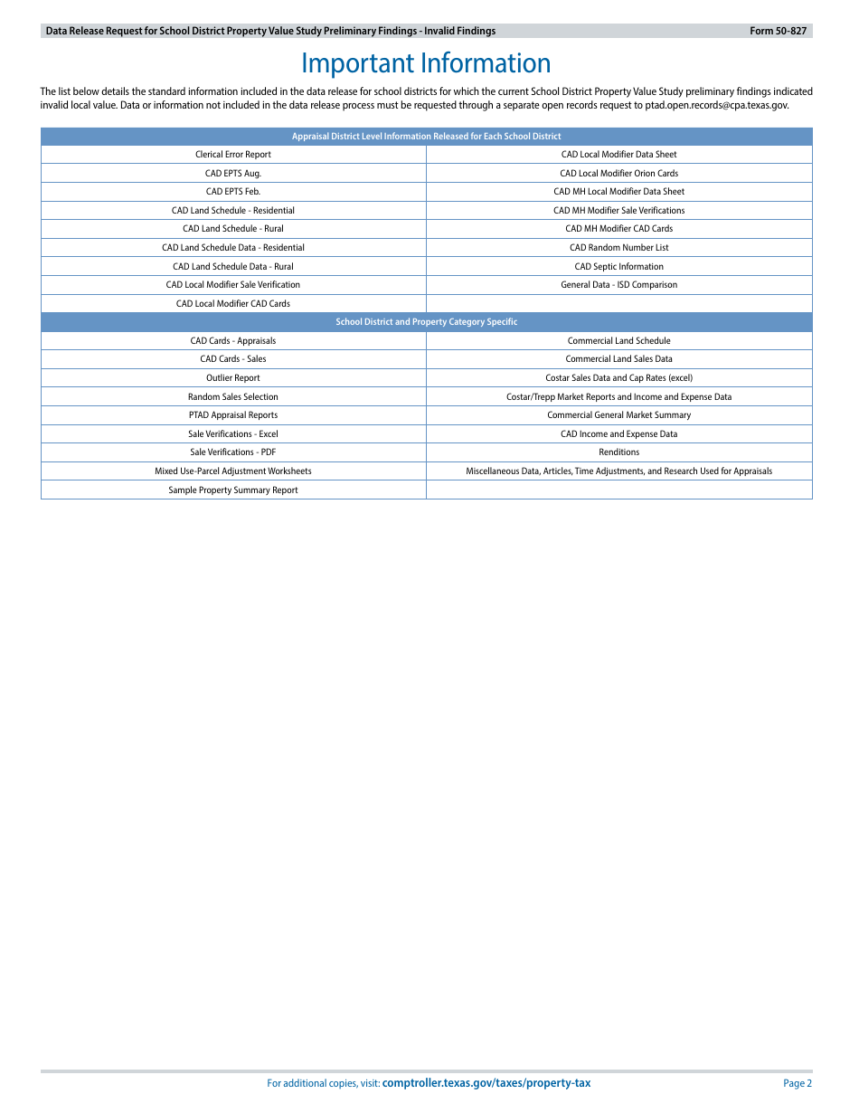 Form 50-827 Data Release Request for School District Property Value Study Preliminary Findings - Invalid Findings - Texas, Page 2