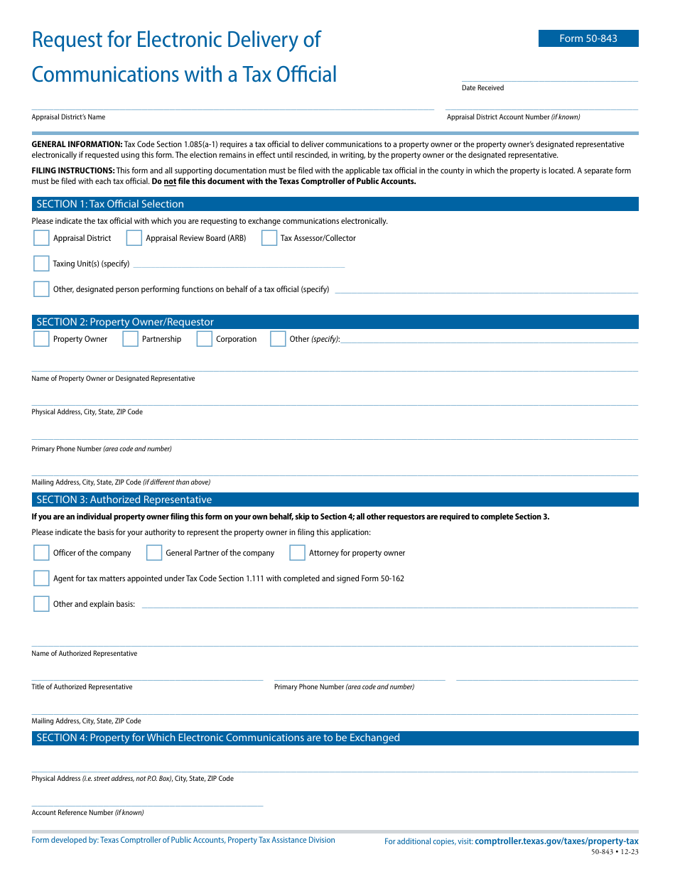 Form 50-843 Request for Electronic Delivery of Communications With a Tax Official - Texas, Page 1