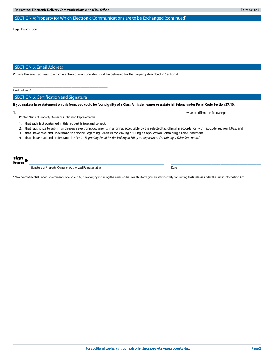 Form 50-843 Request for Electronic Delivery of Communications With a Tax Official - Texas, Page 2
