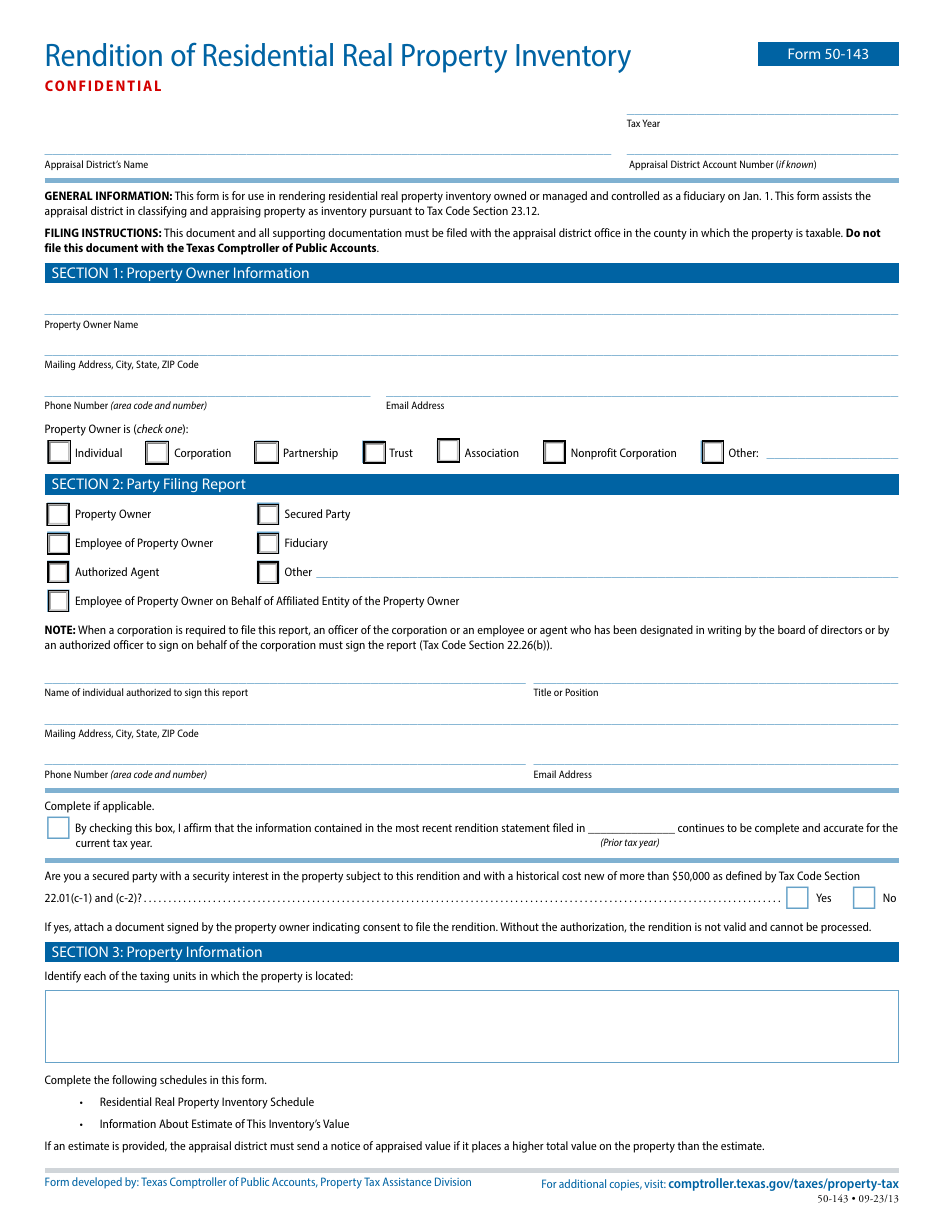 Form 50-143 Rendition of Residential Real Property Inventory - Texas, Page 1