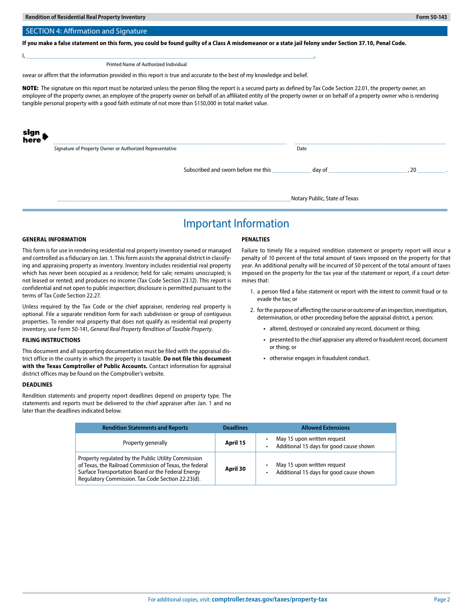 Form 50-143 Rendition of Residential Real Property Inventory - Texas, Page 2