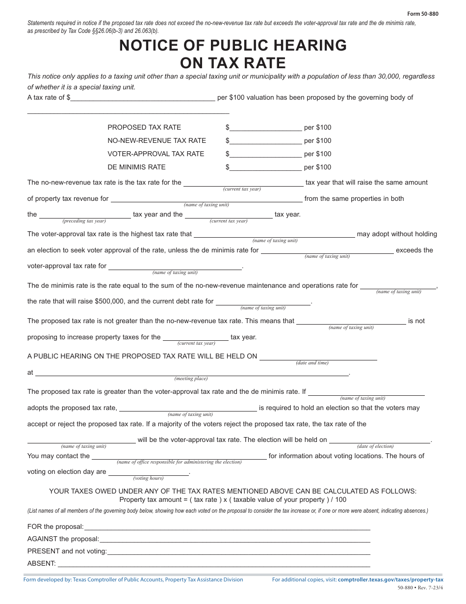 Form 50-880 Notice of Public Hearing on Tax Rate - Proposed Rate Does Not Exceed No-New-Revenue Tax Rate, but Exceeds Voter-Approval Tax Rate; De Minimis Rate Exceeds Voter-Approval Tax Rate - Texas, Page 1