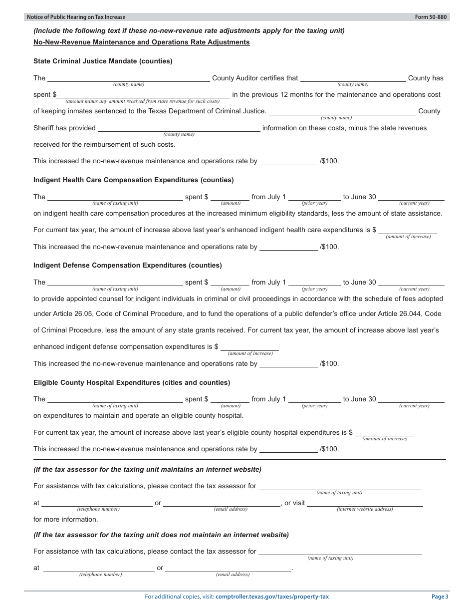 Form 50-880 Notice of Public Hearing on Tax Rate - Proposed Rate Does Not Exceed No-New-Revenue Tax Rate, but Exceeds Voter-Approval Tax Rate; De Minimis Rate Exceeds Voter-Approval Tax Rate - Texas, Page 3