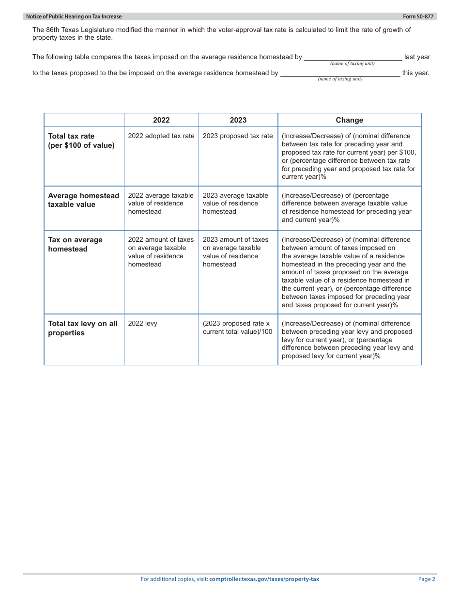 Form 50-877 Notice of Public Hearing on Tax Rate - Proposed Rate Does Not Exceed No-New-Revenue Tax Rate, but Exceeds Voter-Approval Tax Rate - Texas, Page 2