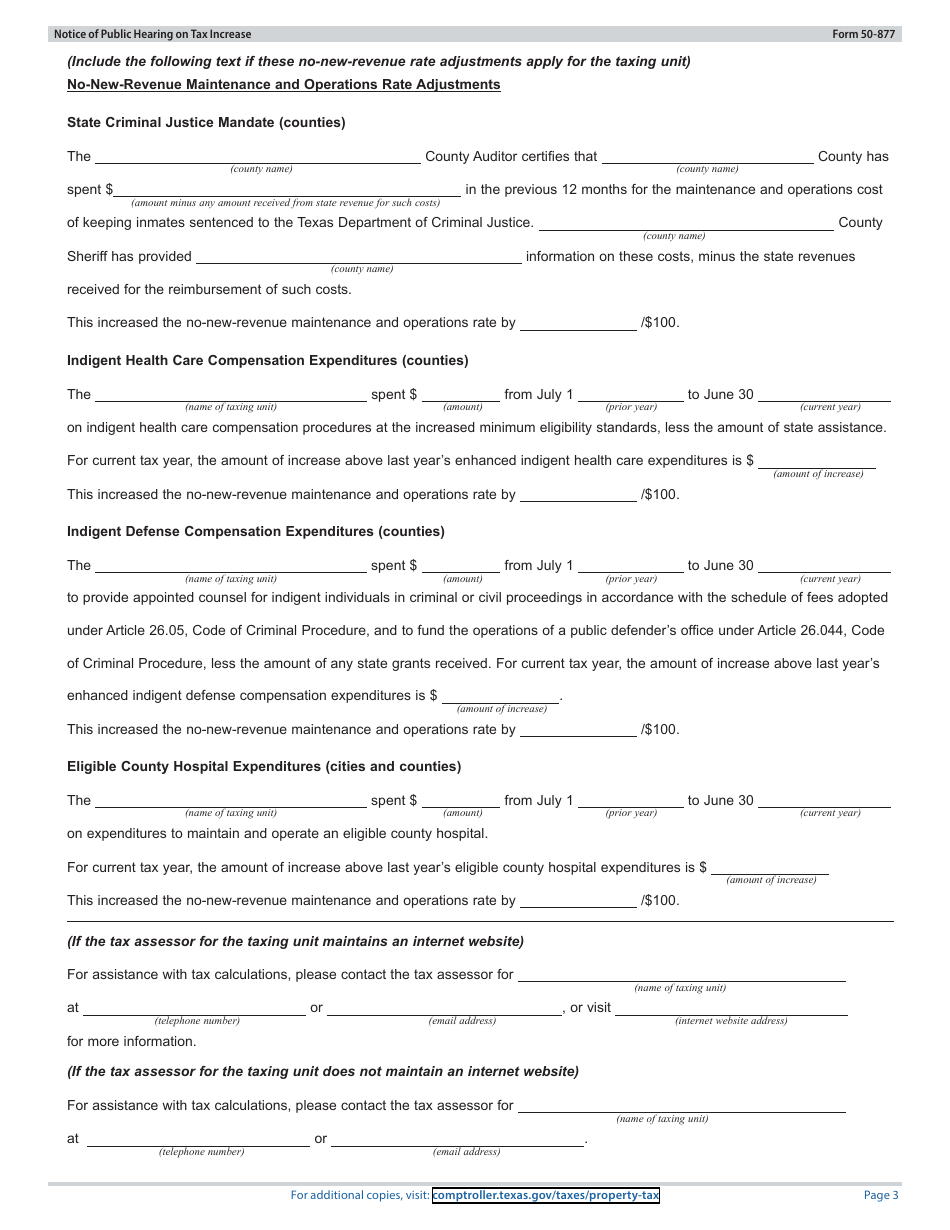 Form 50-877 Notice of Public Hearing on Tax Rate - Proposed Rate Does Not Exceed No-New-Revenue Tax Rate, but Exceeds Voter-Approval Tax Rate - Texas, Page 3