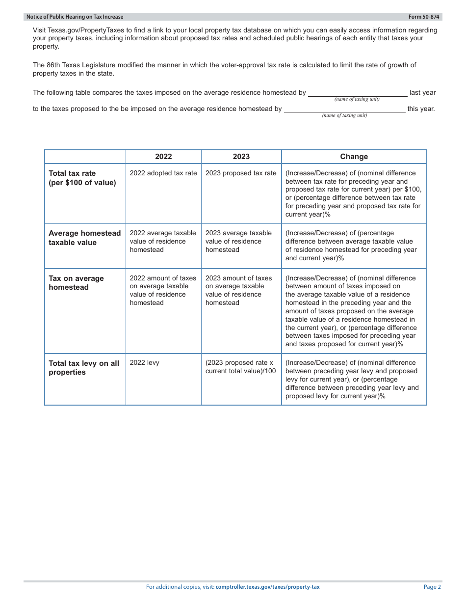 Form 50-874 Notice of Public Hearing on Tax Increase - Proposed Rate Greater Than Voter-Approval Tax Rate and De Minimis Rate - Texas, Page 2