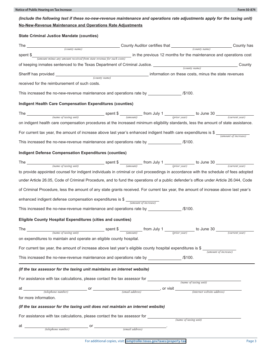 Form 50-874 Notice of Public Hearing on Tax Increase - Proposed Rate Greater Than Voter-Approval Tax Rate and De Minimis Rate - Texas, Page 3