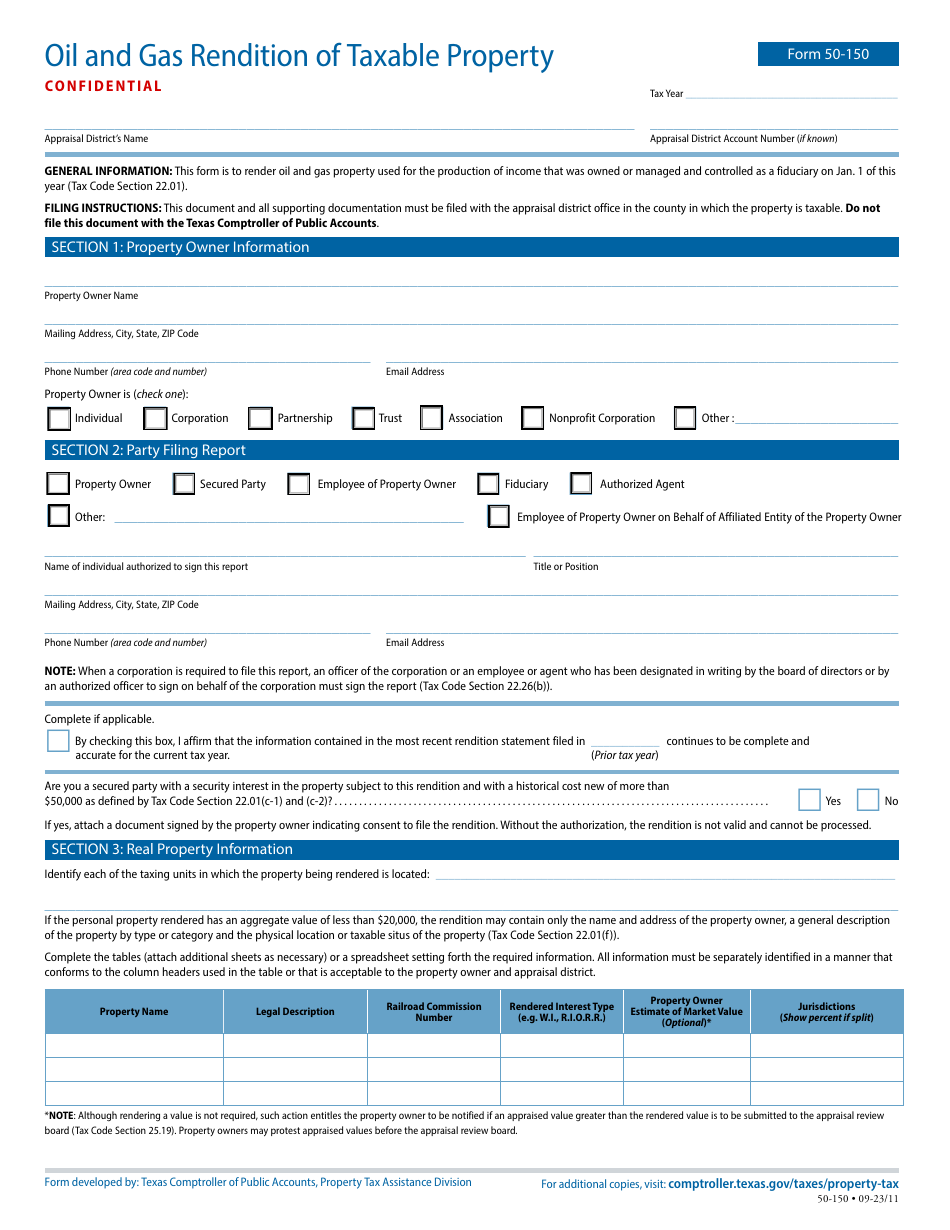 Form 50-150 Oil and Gas Rendition of Taxable Property - Texas, Page 1