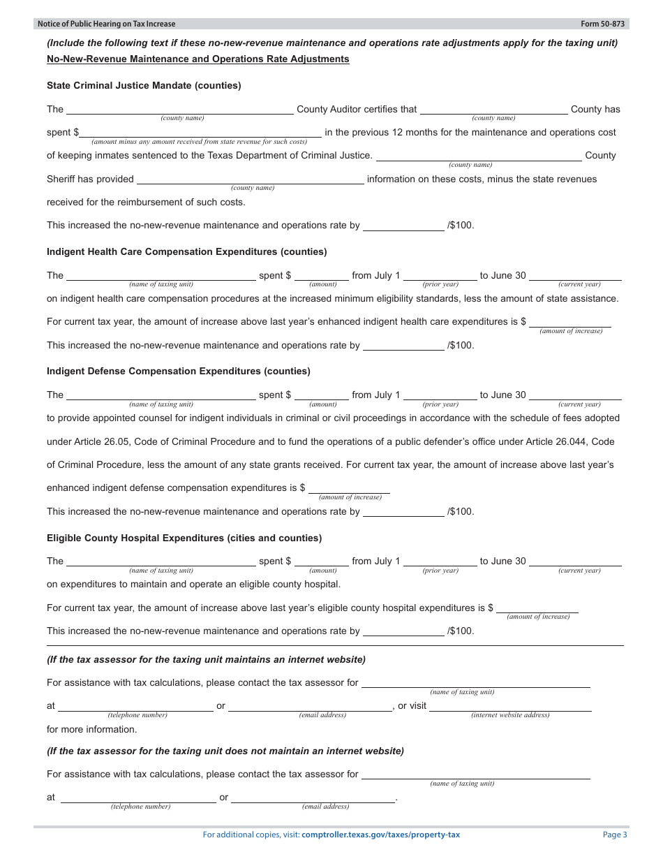 Form 50-873 Notice of Public Hearing on Tax Increase - Proposed Rate Exceeds No-New-Revenue and Voter-Approval Tax Rate - Texas, Page 3