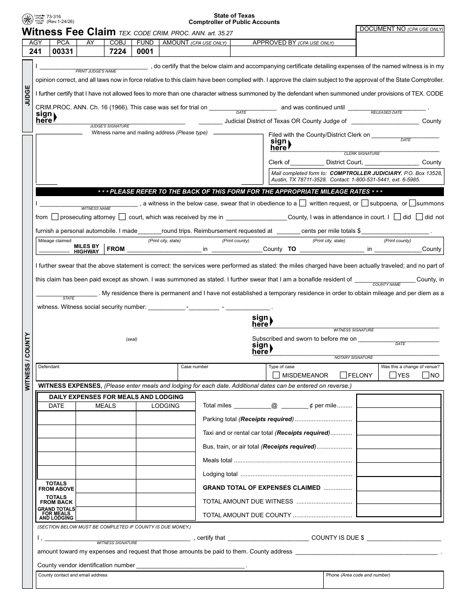 Form 73-316 Witness Fee Claim - Texas, Page 1