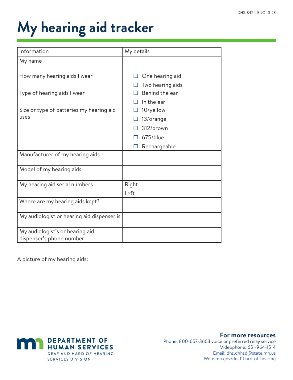 Form DHS-8424-ENG My Hearing Aid Tracker - Minnesota, Page 1