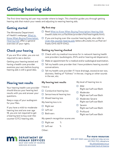 Form DHS-8092-ENG Getting Hearing AIDS Checklist - Minnesota