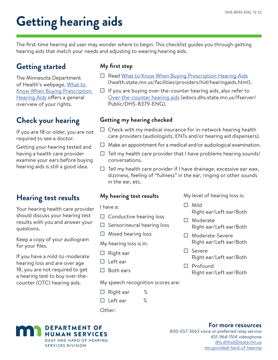 Form DHS-8092-ENG Getting Hearing AIDS Checklist - Minnesota, Page 1