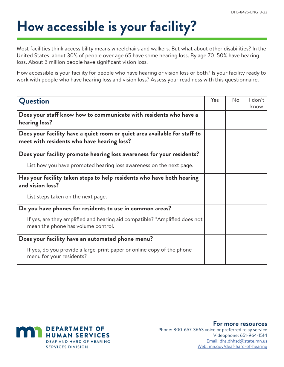 Form DHS-8425-ENG Facility Accessibility Questionnaire - Minnesota, Page 1