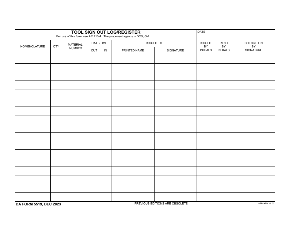 DA Form 5519 Tool Sign out Log / Register, Page 1