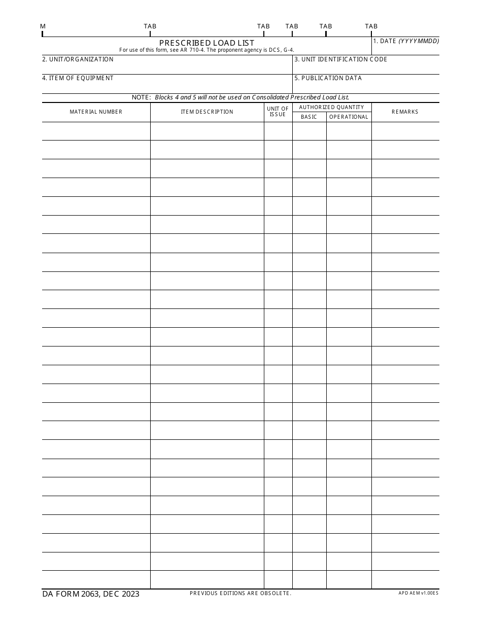 DA Form 2063 Prescribed Load List, Page 1