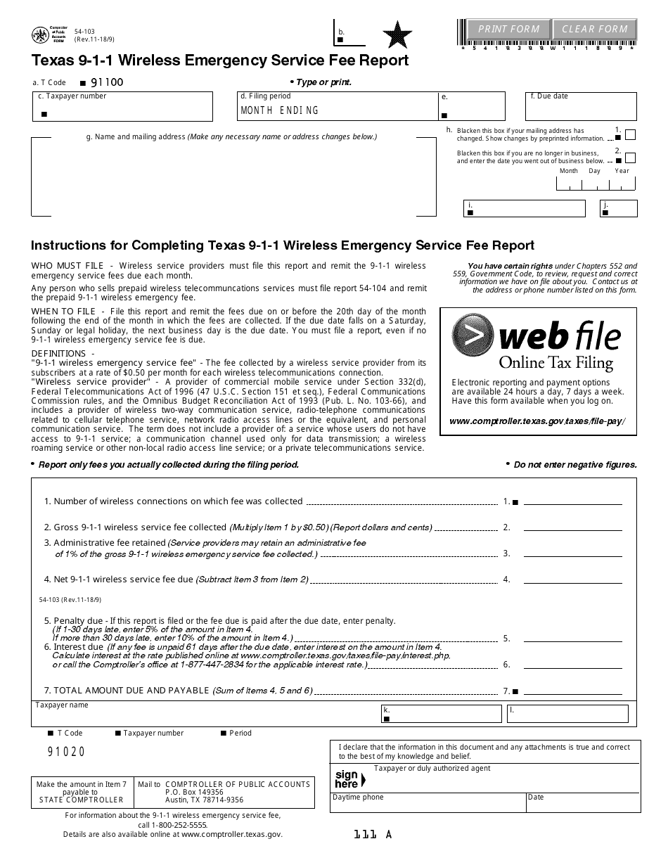 Form 54-103 Texas 9-1-1 Wireless Emergency Service Fee Report - Texas, Page 1