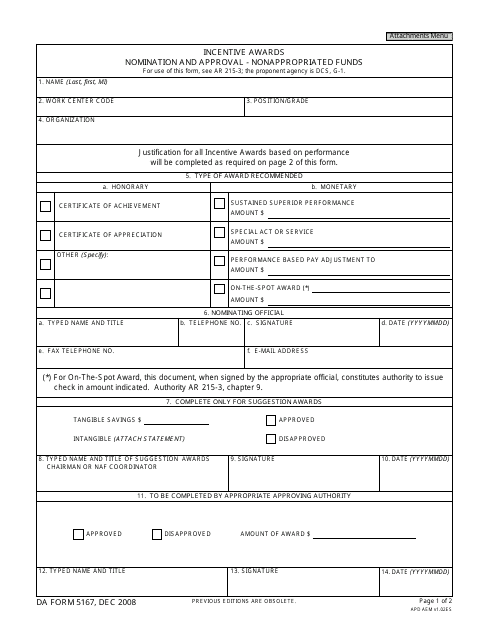 DA Form 5167  Printable Pdf
