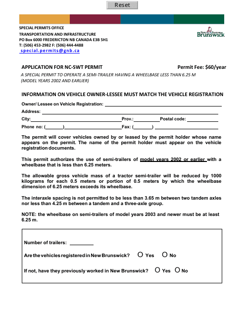 Application for Nc-Swt Permit - New Brunswick, Canada