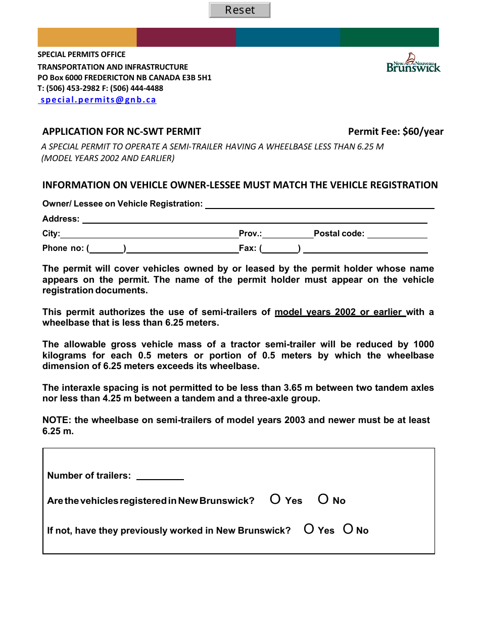 Application for Nc-Swt Permit - New Brunswick, Canada, Page 1