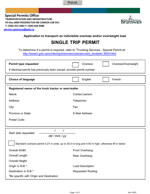 Application to Transport an Indivisible Oversize and / or Overweight Load Single Trip Permit - New Brunswick, Canada Download Pdf