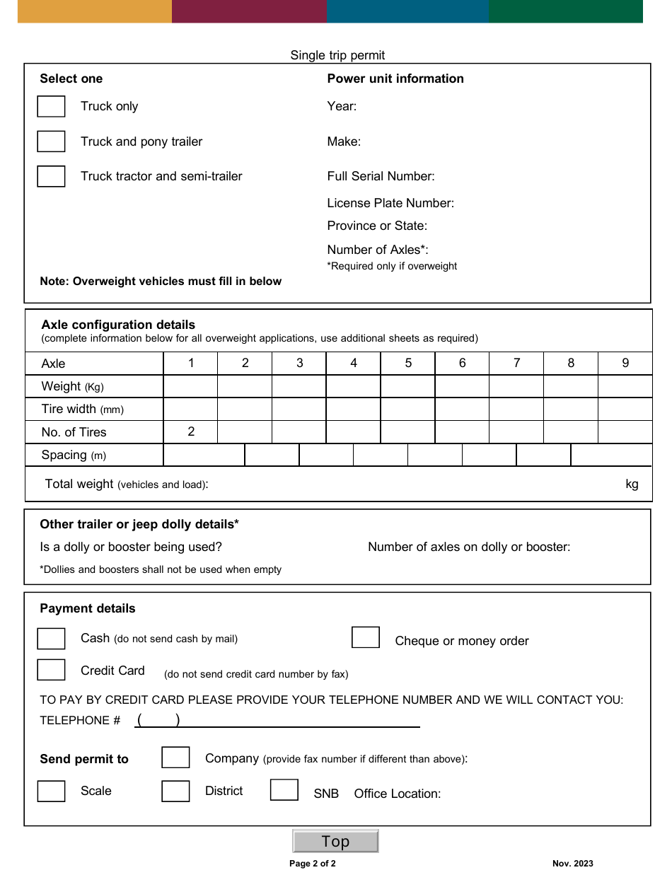 Application to Transport an Indivisible Oversize and / or Overweight Load Single Trip Permit - New Brunswick, Canada, Page 2