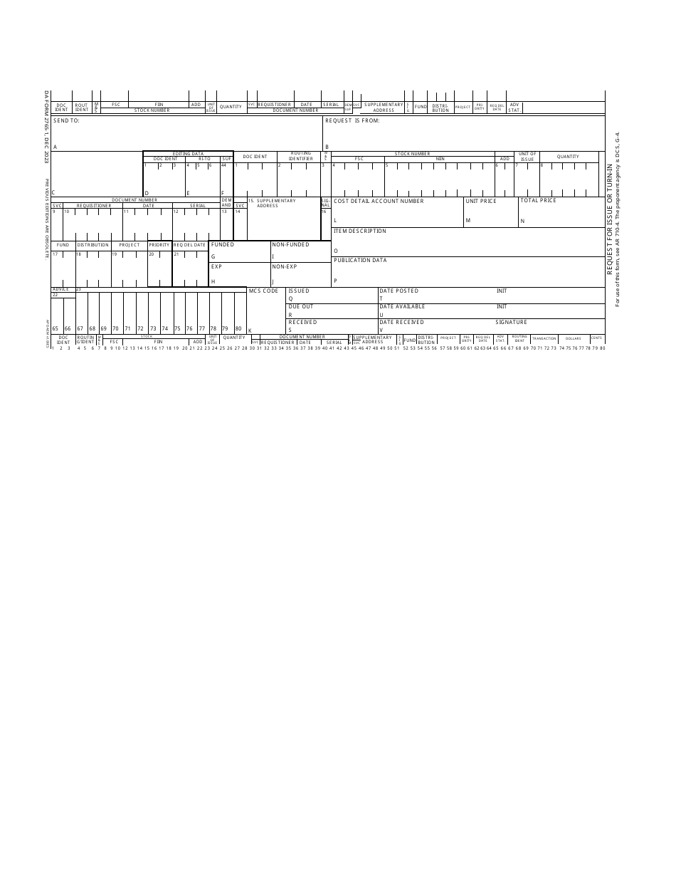DA Form 2765-1 Request for Issue or Turn-In, Page 1