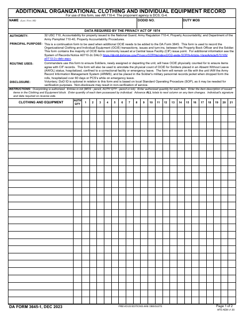 DA Form 3645-1  Printable Pdf