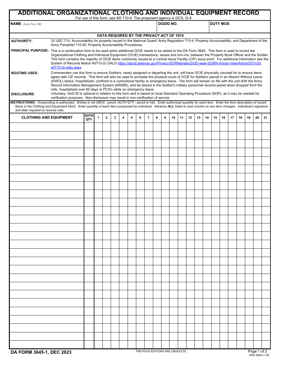 Da Form 3645-1 Download Fillable Pdf Or Fill Online Additional 