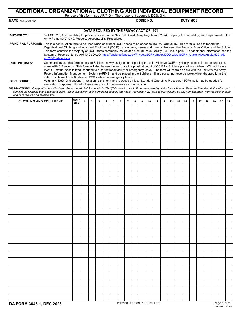 DA Form 3645-1 Additional Organizational Clothing and Individual Equipment Record, Page 1