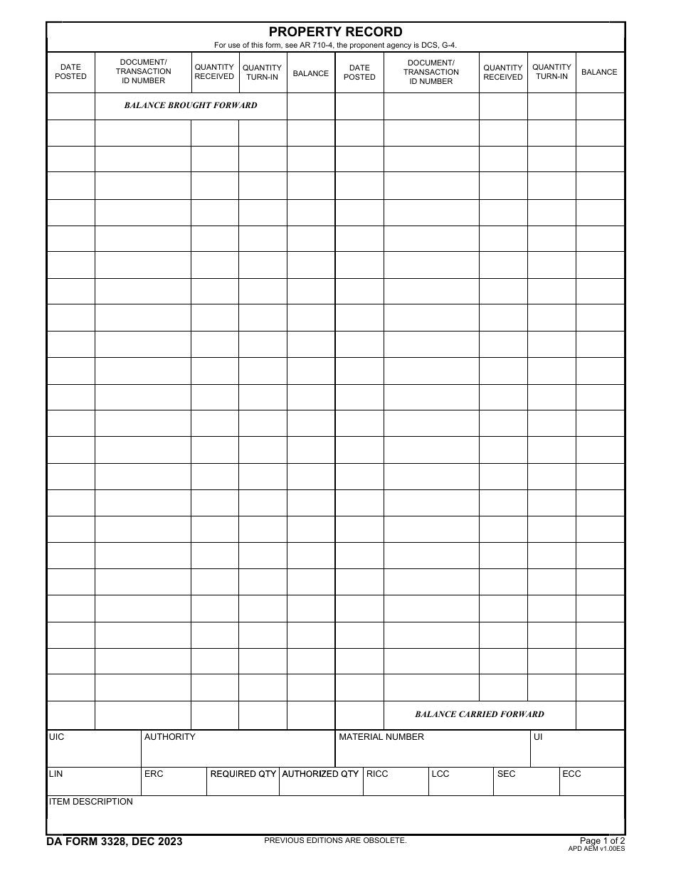 DA Form 3328 Property Record, Page 1