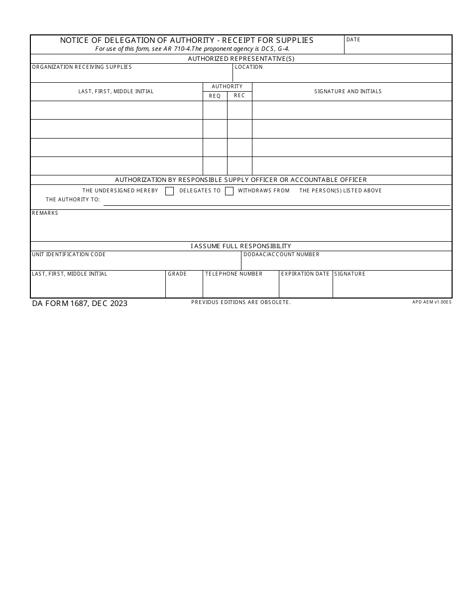DA Form 1687 Notice of Delegation of Authority - Receipt for Supplies, Page 1