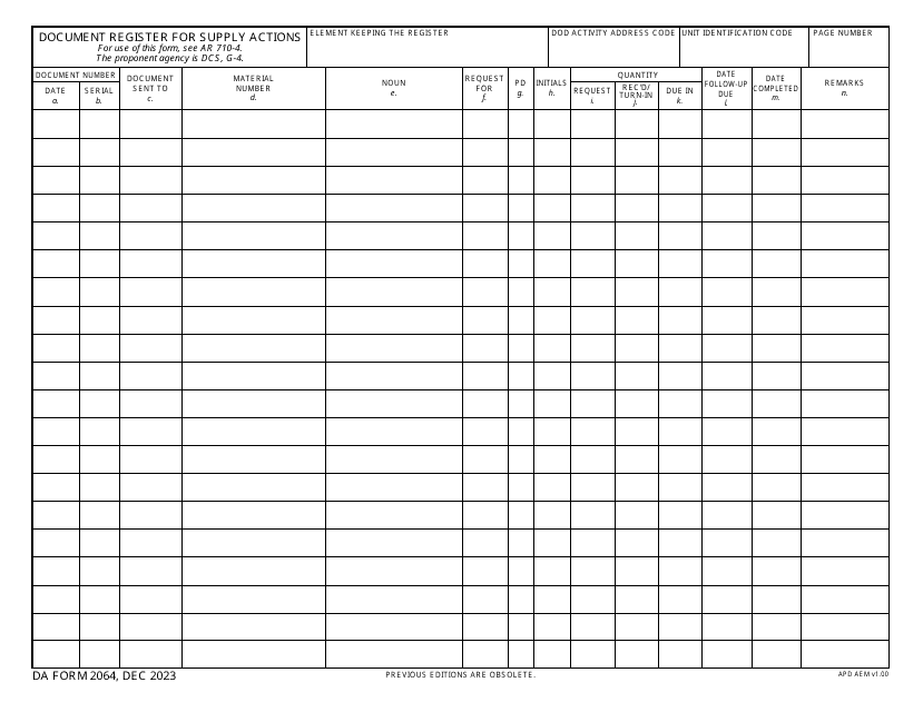 DA Form 2064 Document Register for Supply Actions