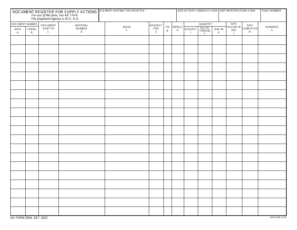 DA Form 2064 Document Register for Supply Actions, Page 2