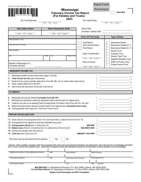 Form 81-110 Fiduciary Income Tax Return (For Estates and Trusts) - Mississippi, 2023