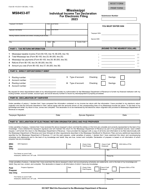 Form 80-115 (MS8453-IIT) Individual Income Tax Declaration for Electronic Filing - Mississippi, 2023