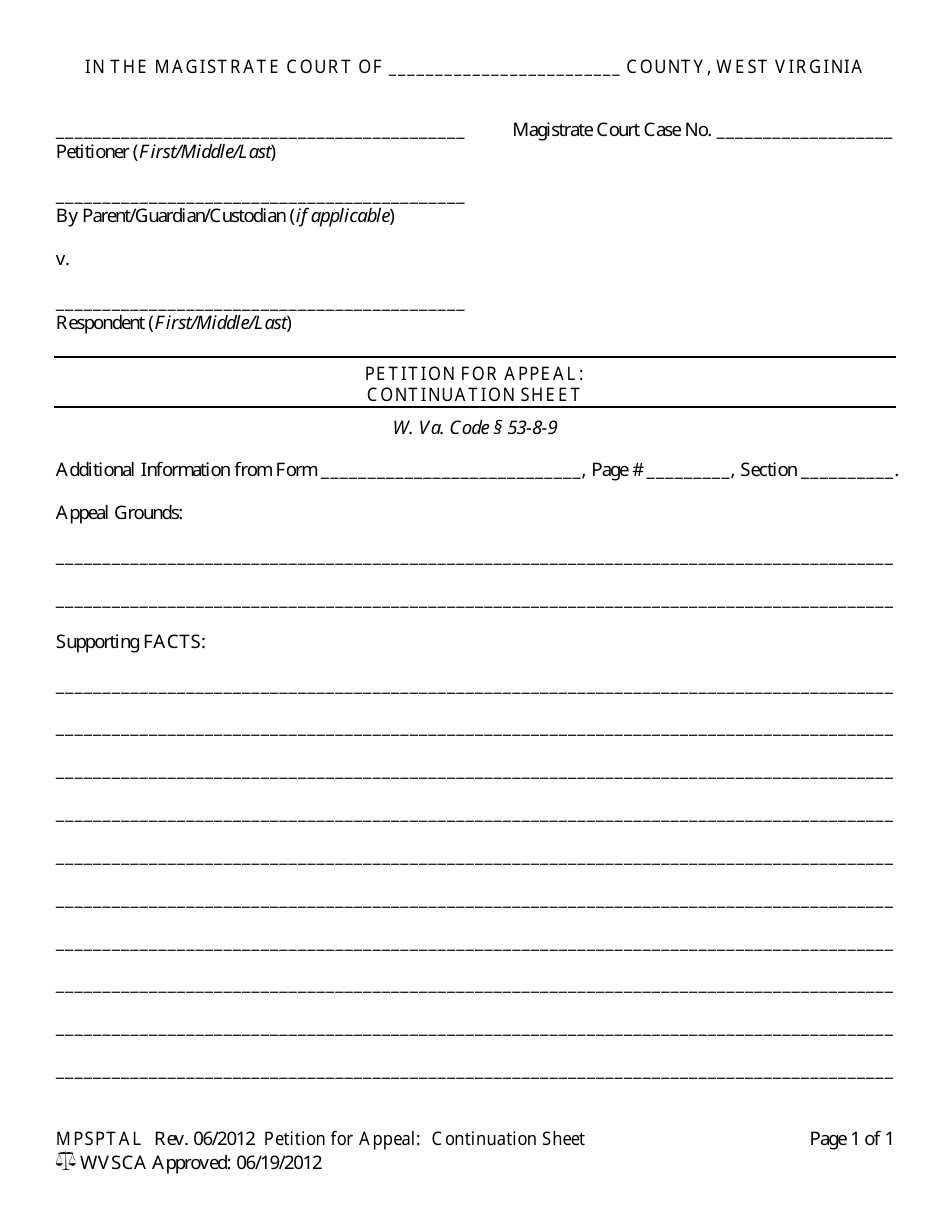 Form MPSPTAL Petition for Appeal: Continuation Sheet - West Virginia, Page 1